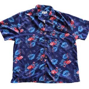Vintage Uzzi Amphibious Gear Hawaiian Shirt Mens Extra Large Pink Flamingos READ